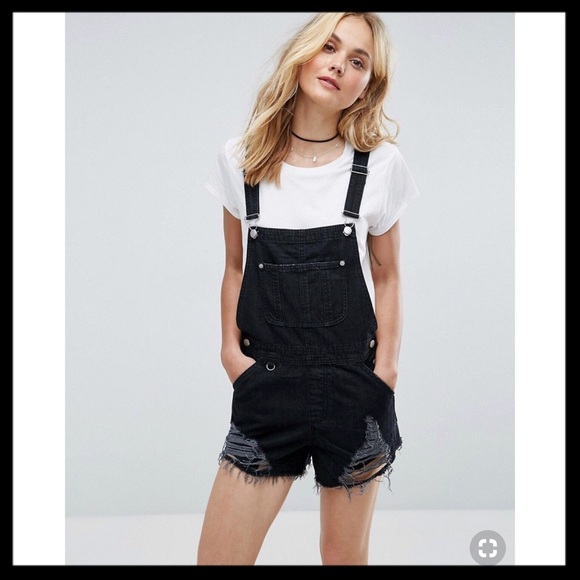 black denim short overalls
